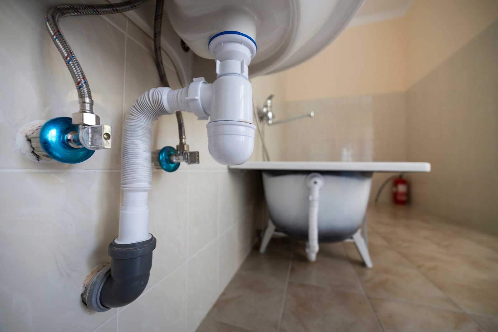 Under-sink bathroom plumbing with P-trap and drain connection