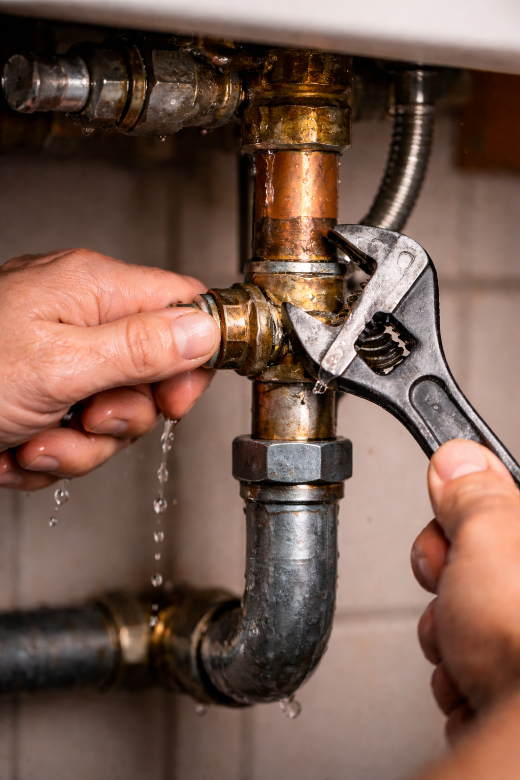 Close-up of a person tightening a brass pipe fitting with an adjustable wrench under a sink. Water drips from the joint as the copper and metal pipes connect, with the plumber’s hands holding the fitting steady during the repair.