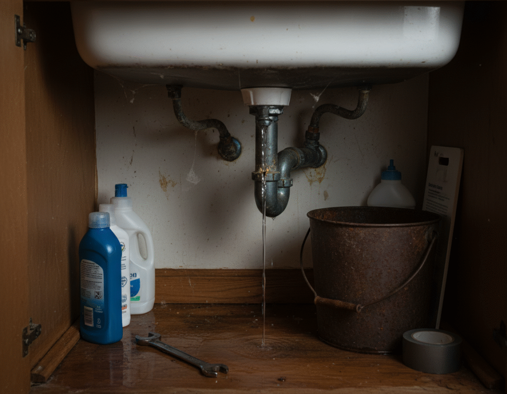 Under-sink view of a leaking drain pipe with a steady stream of water dripping into the cabinet below. Cleaning bottles sit on the left, a rusty metal bucket and a roll of tape are on the right, and a wrench lies on the wet wooden cabinet floor.